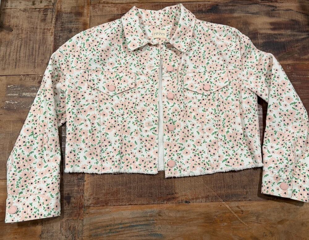 Alice + Olivia Jeans Floral Cropped Denim Jacket Women M Pink White Raw Hem